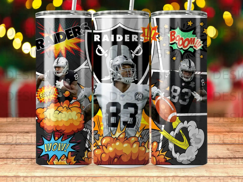Las Vegas Raiders player with comic book style explosions and text.