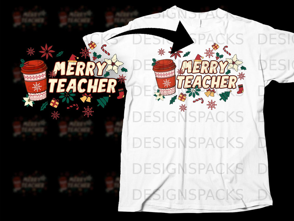 Christmas coffee cup and snowflakes graphic with "Merry Teacher" text.