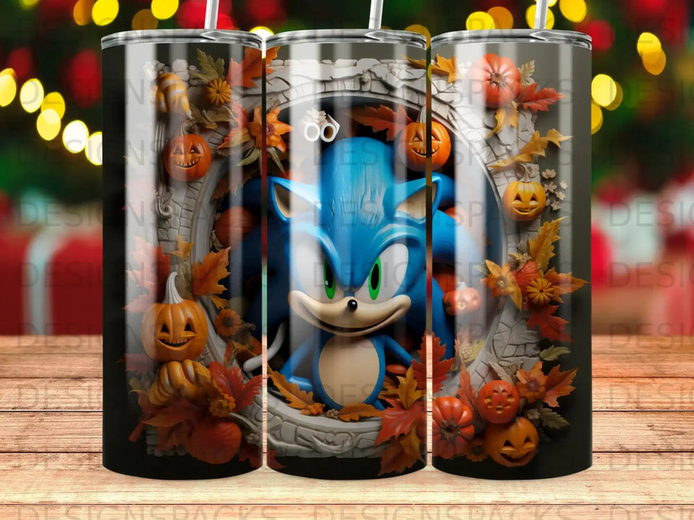 Sonic the Hedgehog in a Halloween-themed frame with pumpkins and autumn leaves.