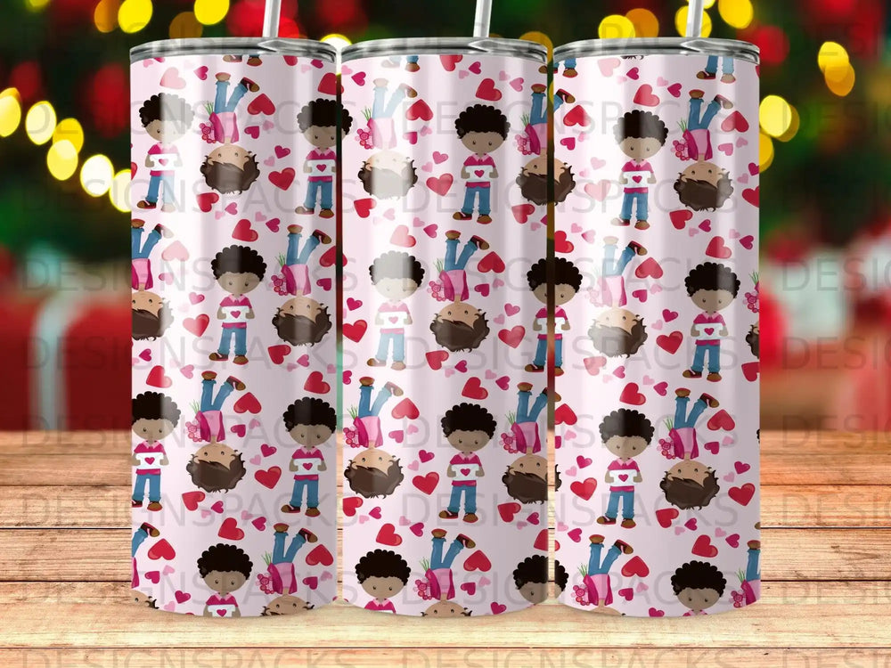 Pink tumbler with a pattern of cartoon children holding hearts and a repeating heart design.