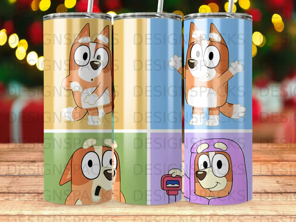 Bluey and Bingo characters on colorful tumblers with graphic patterns.