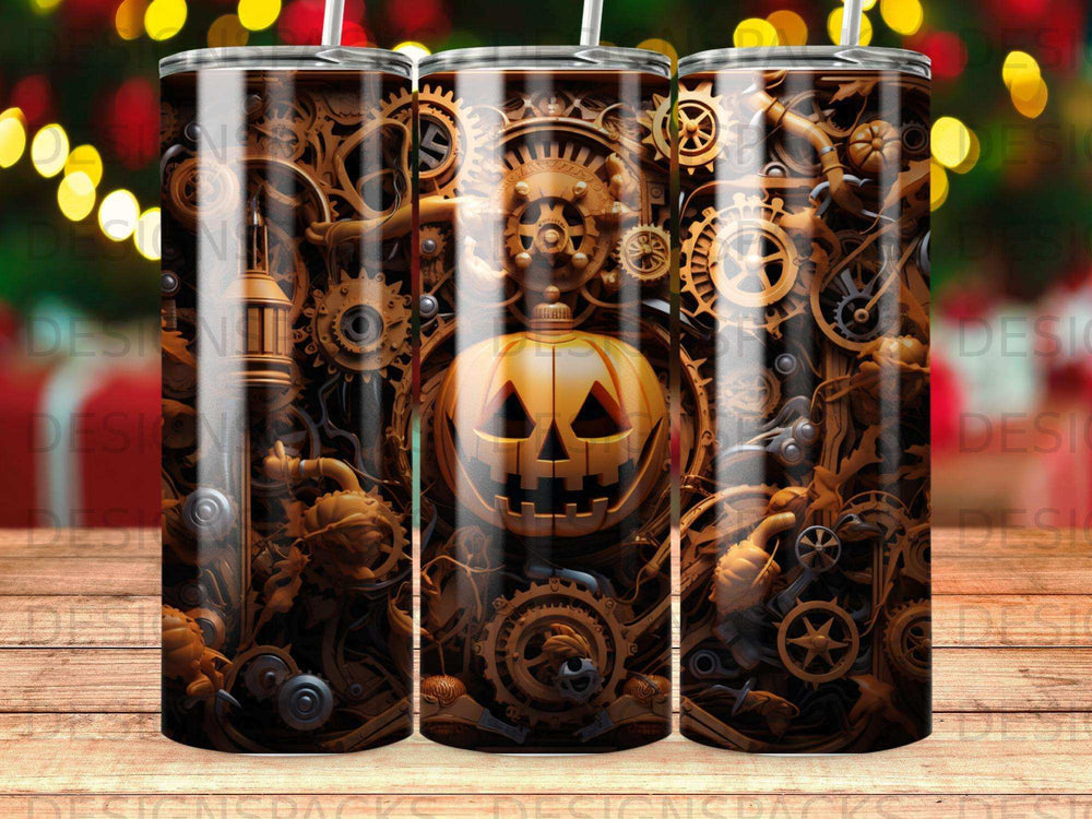 Steampunk pumpkin with gears and clockwork on a dark background.