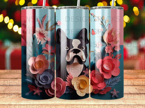 French Bulldog with floral accents on a tumbler.