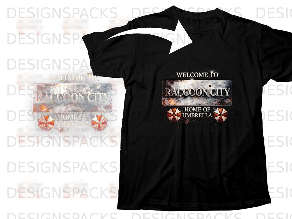 Black t-shirt with "Welcome to Raccoon City, Home of Umbrella" text and logos.