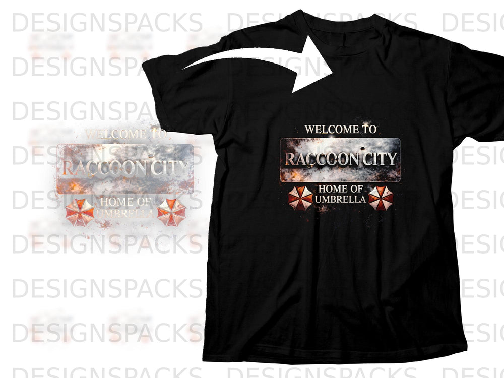 Black t-shirt with "Welcome to Raccoon City, Home of Umbrella" text and logos.