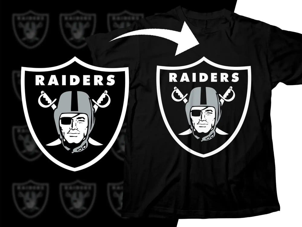 Raiders logo t-shirt design, print-ready for DTF DTG, featuring helmet and crossed swords on black tee.