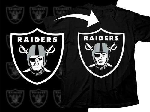 Raiders logo t-shirt design, print-ready for DTF DTG, featuring helmet and crossed swords on black tee.