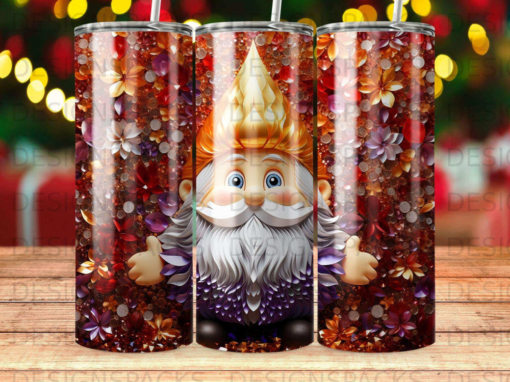Gnome with festive floral pattern on a tumbler.