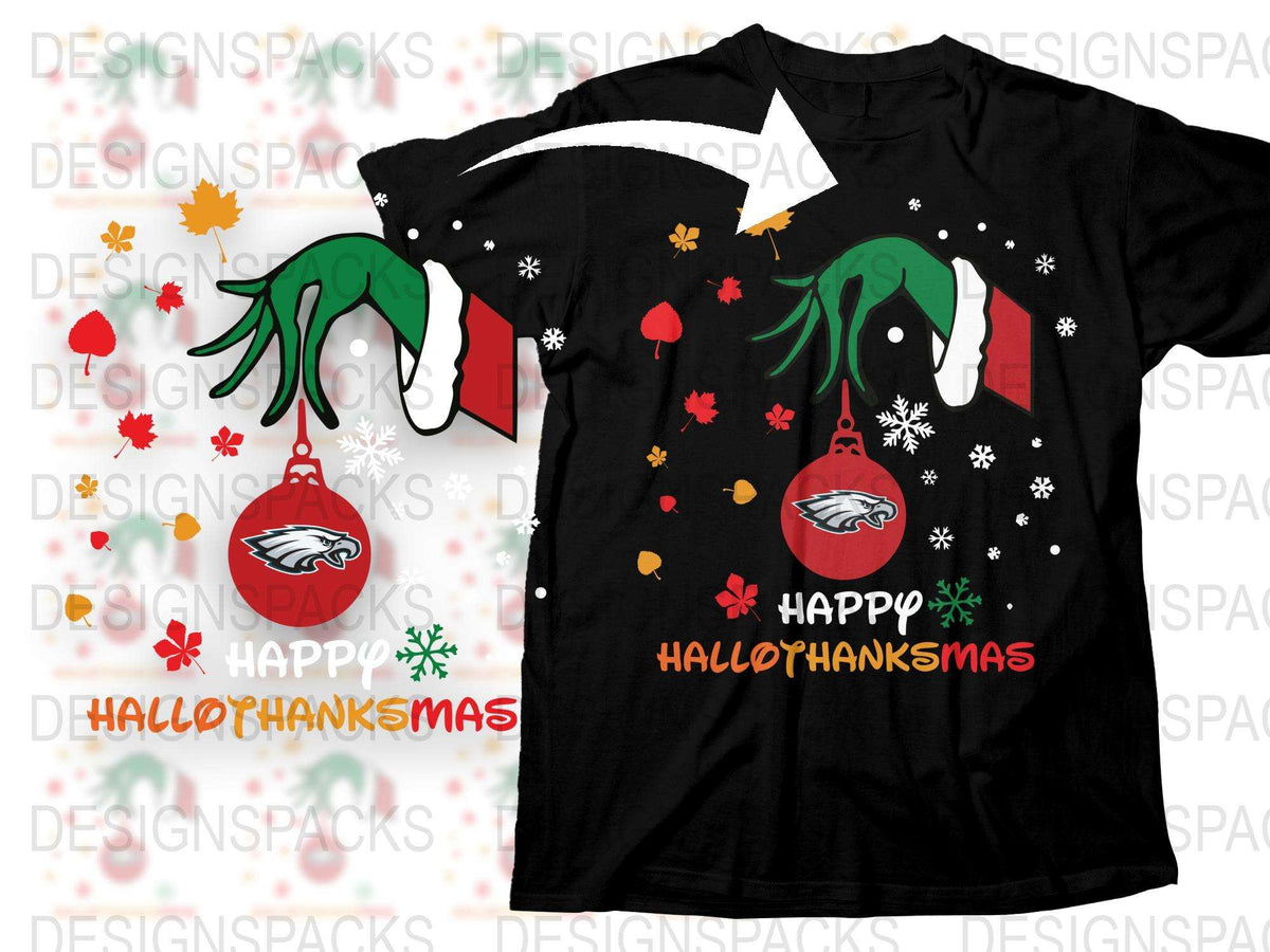 Happy Hallothanksmas T-Shirt, Festive Holiday Tee, Unique Christmas Halloween Thanksgiving Design, Unisex Winter Apparel