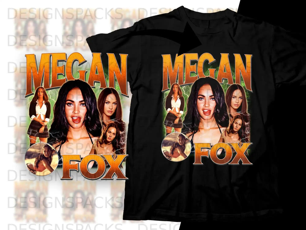 Megan Fox collage with text "MEGAN FOX" on a black t-shirt.