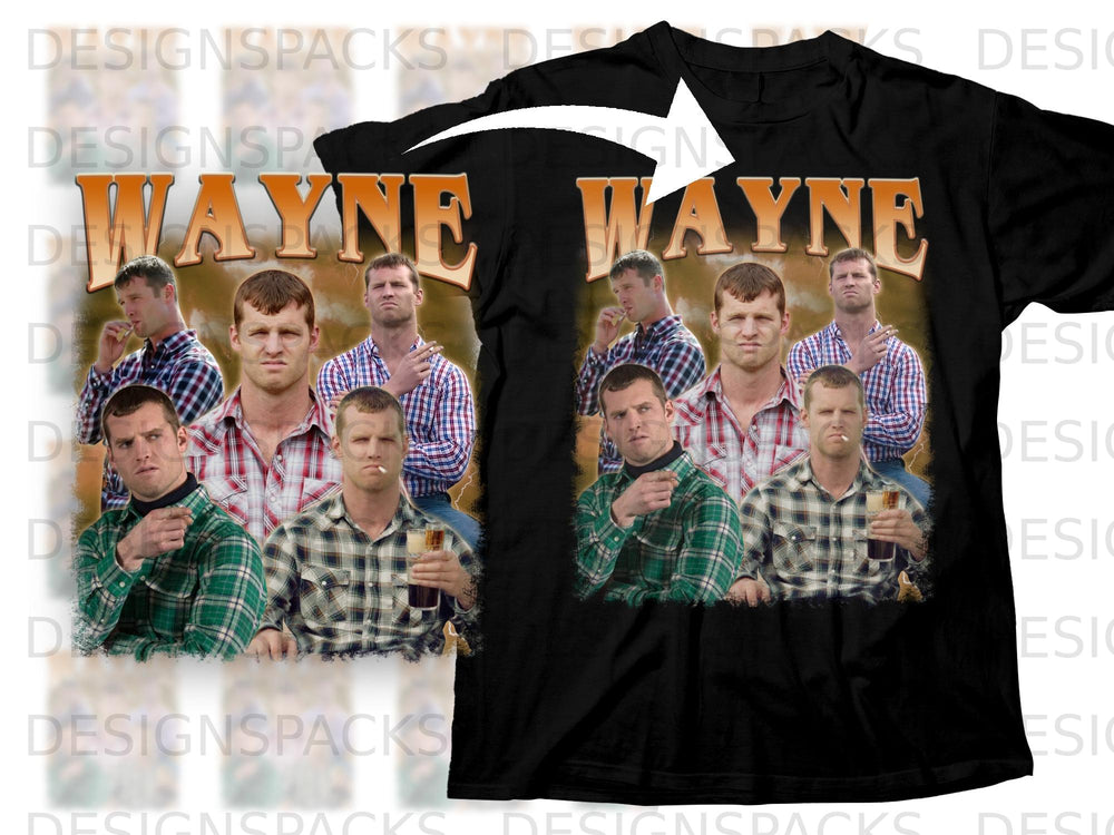 Black t-shirt with a collage of men's faces and the word "WAYNE" in large text.