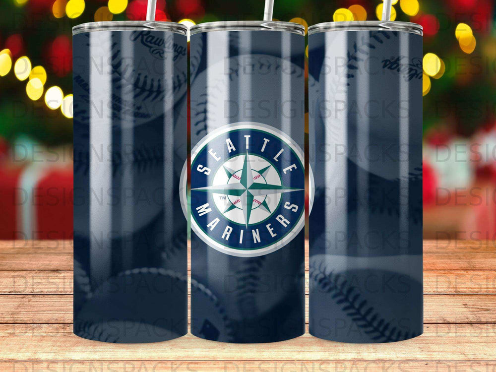 Seattle Mariners baseball team logo on a dark blue tumbler.