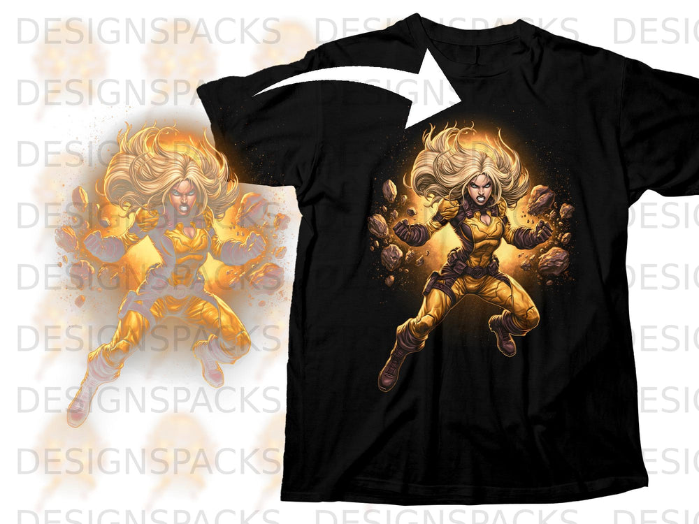 Black t-shirt with comic art of a woman with blonde hair in a yellow outfit using telekinetic powers.