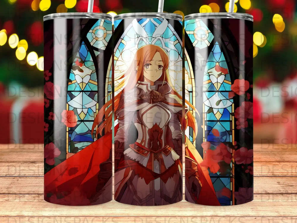 Anime character with red cape and stained glass window background.