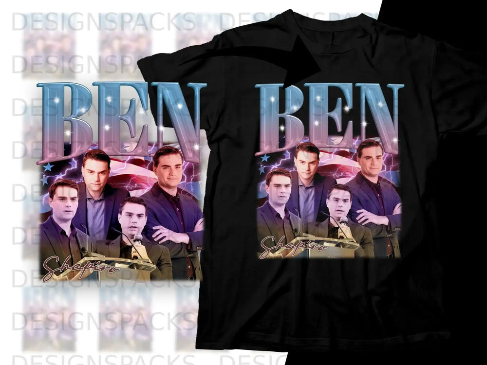 T-shirt graphic with "BEN SHAPIRO" in large letters above a photo.