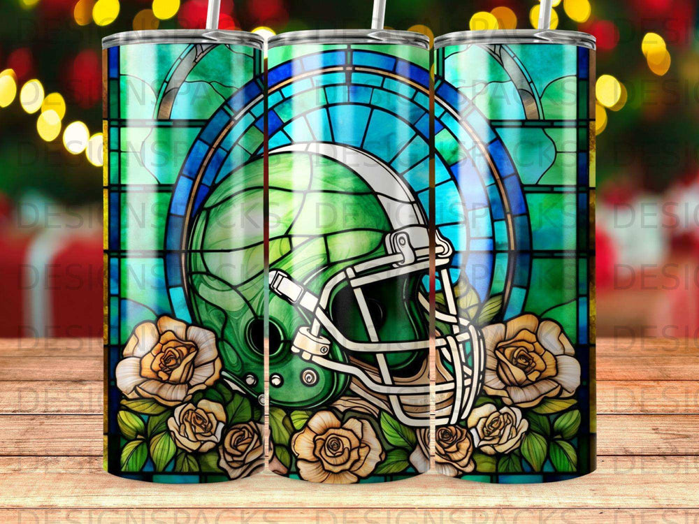 Green football helmet and roses with stained glass background.