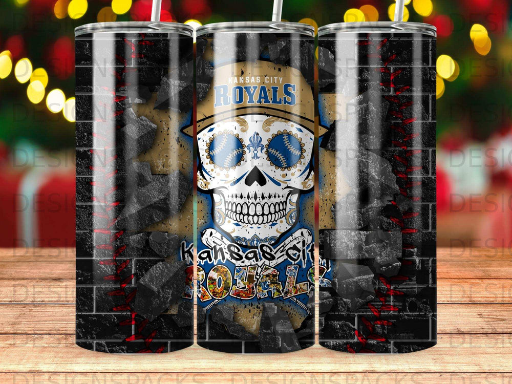 Kansas City Royals skull graphic on a black brick background with teal accents.