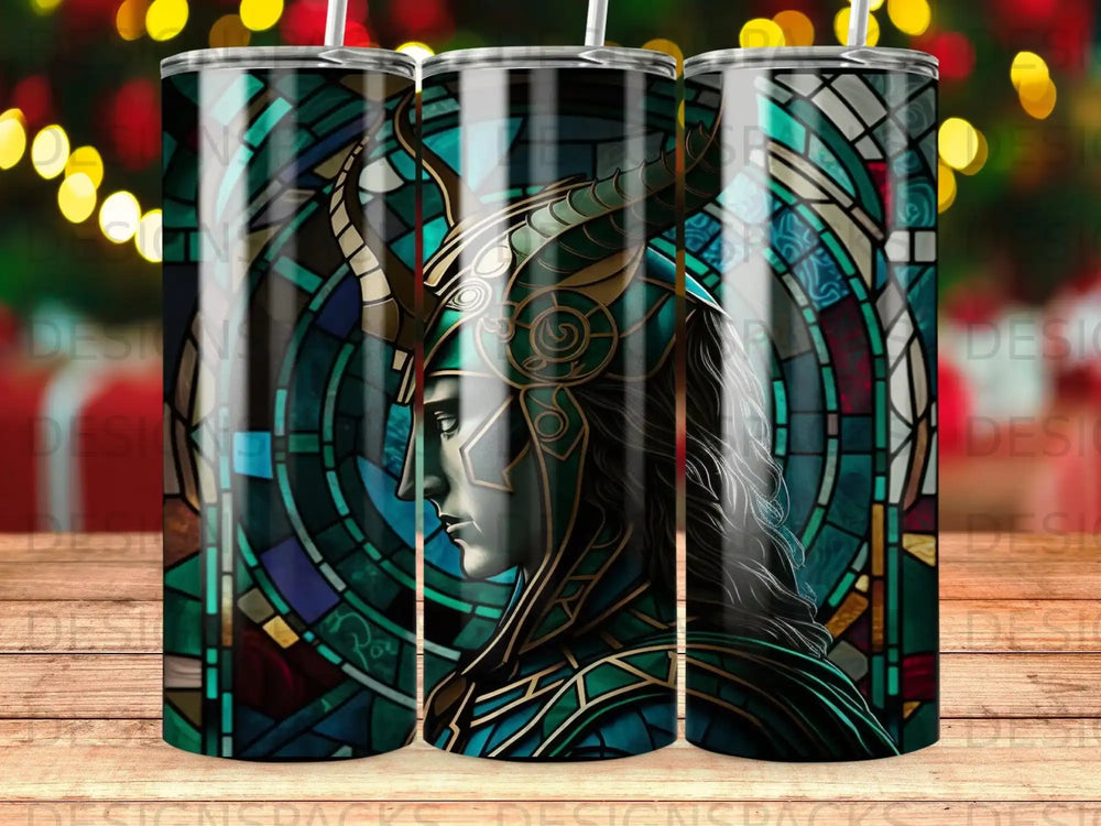 Stained glass tumbler with a warrior's profile and ornate helmet.