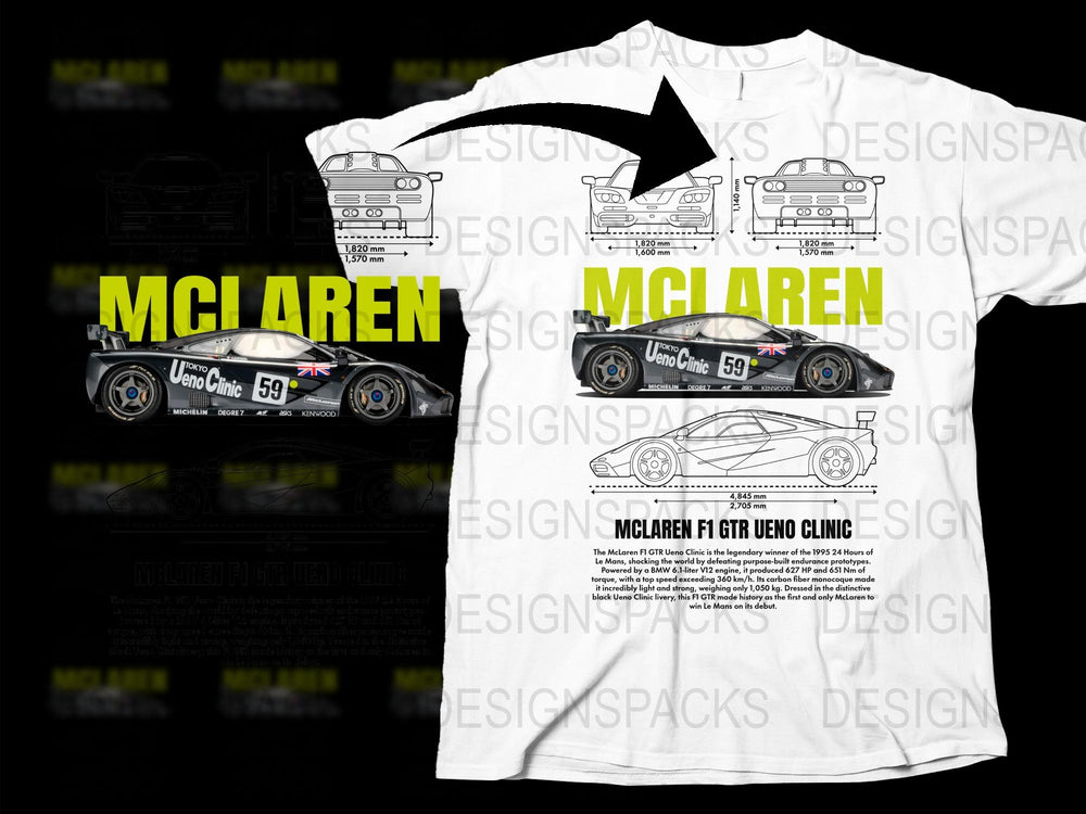 McLaren GT F1 Racing Car Ueno Clinic Graphic T-Shirt, Sports Car Design Tee, Automotive Enthusiast Gift, Collectible Racing Apparel