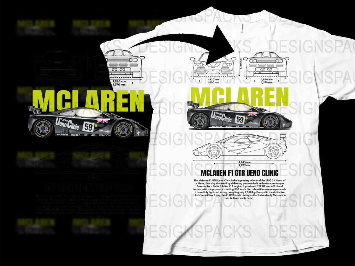 McLaren GT F1 Racing Car Ueno Clinic Graphic T-Shirt, Sports Car Design Tee, Automotive Enthusiast Gift, Collectible Racing Apparel