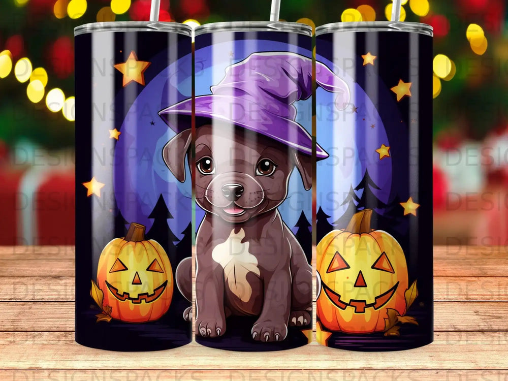Puppy in witch hat with pumpkins and moon, Halloween design.