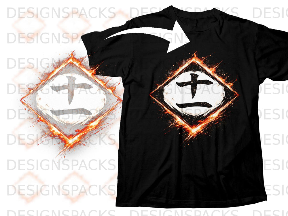 Black t-shirt with a fiery diamond emblem featuring a Japanese character.