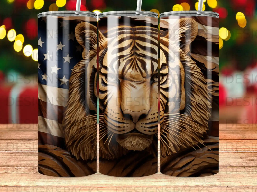 Tiger with American flag pattern on tumbler.