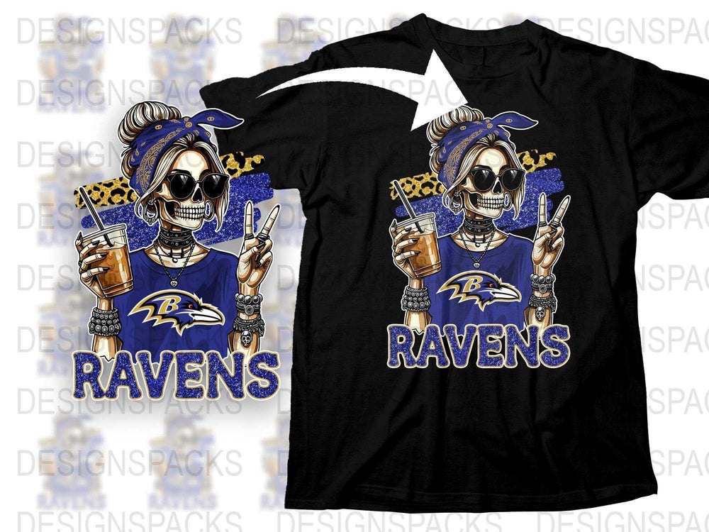 Baltimore Ravens Fan T-Shirt, Skull Design with Sunglasses and Drinks, Sports Team Apparel