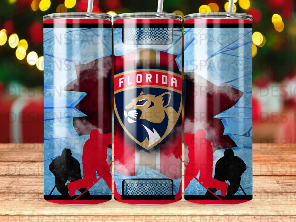 Florida Panthers logo on a hockey-themed tumbler with ice and players.