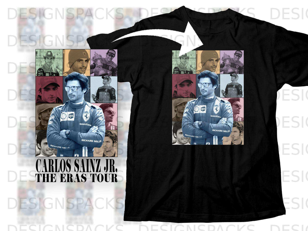 T-shirt featuring Carlos Sainz Jr. in a grid of racing photos, with "THE ERAS TOUR" text.