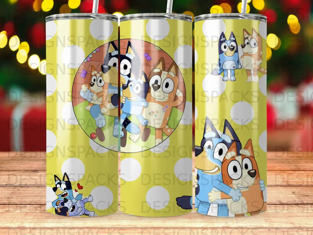 Bluey and Bingo characters on a yellow tumbler with white polka dots.