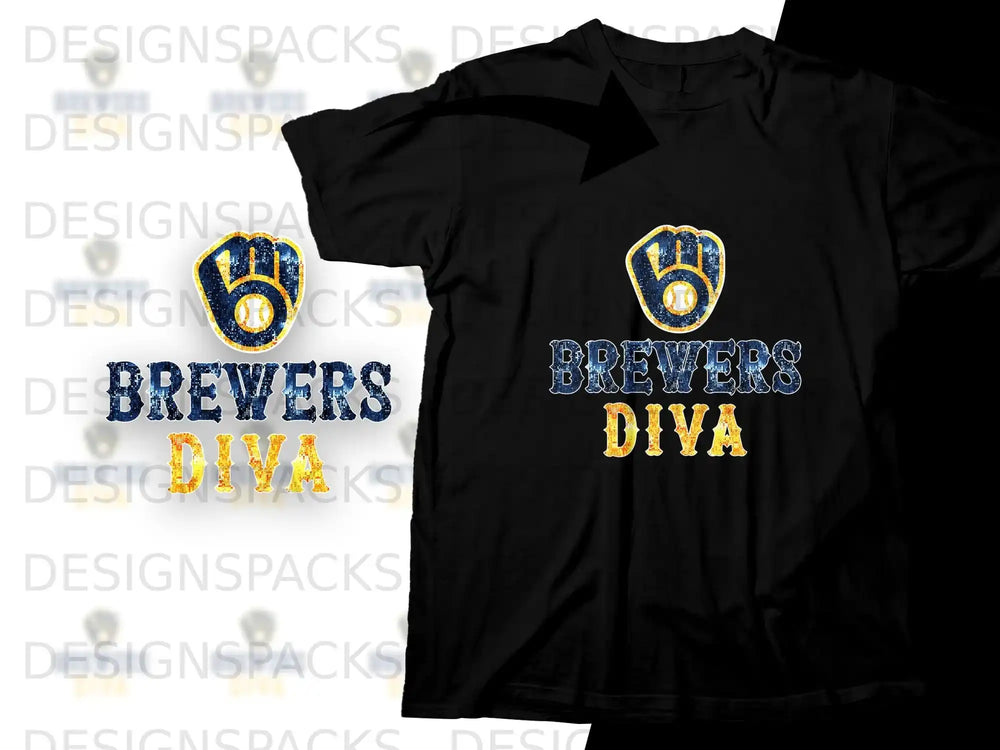 Black t-shirt with "Brewers Diva" text and baseball glove logo.