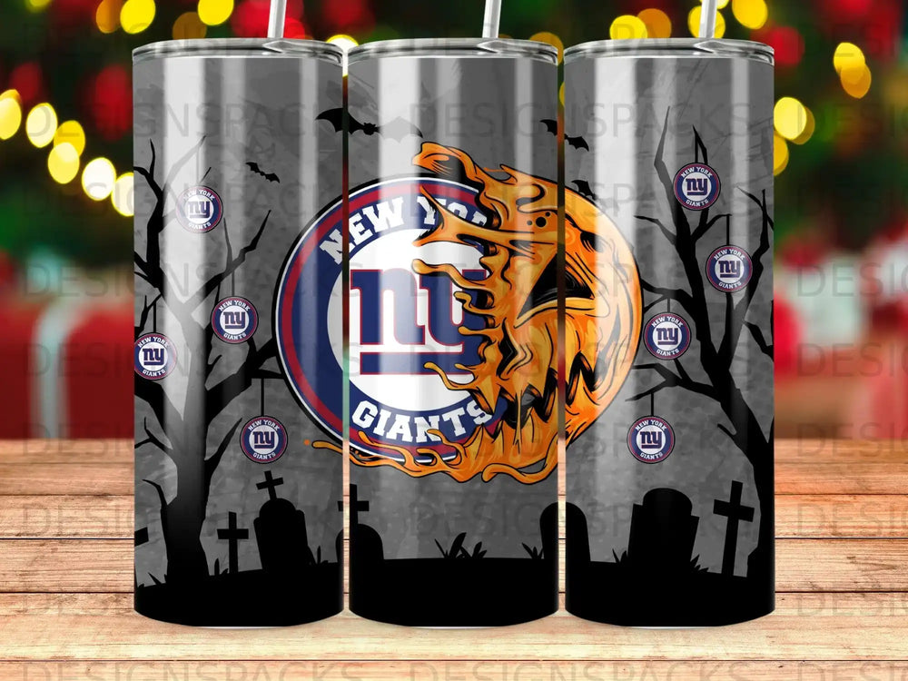 New York Giants Halloween themed tumbler with gravestones and bats.