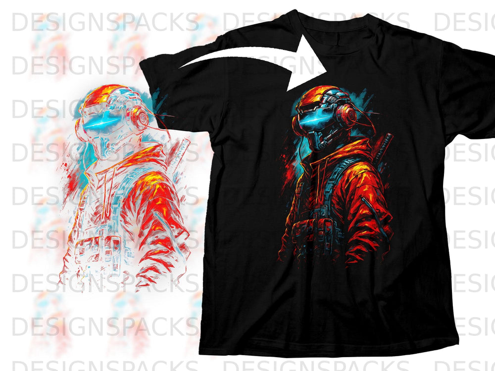 Black t-shirt with a digital art print of a futuristic warrior with glowing blue visor.