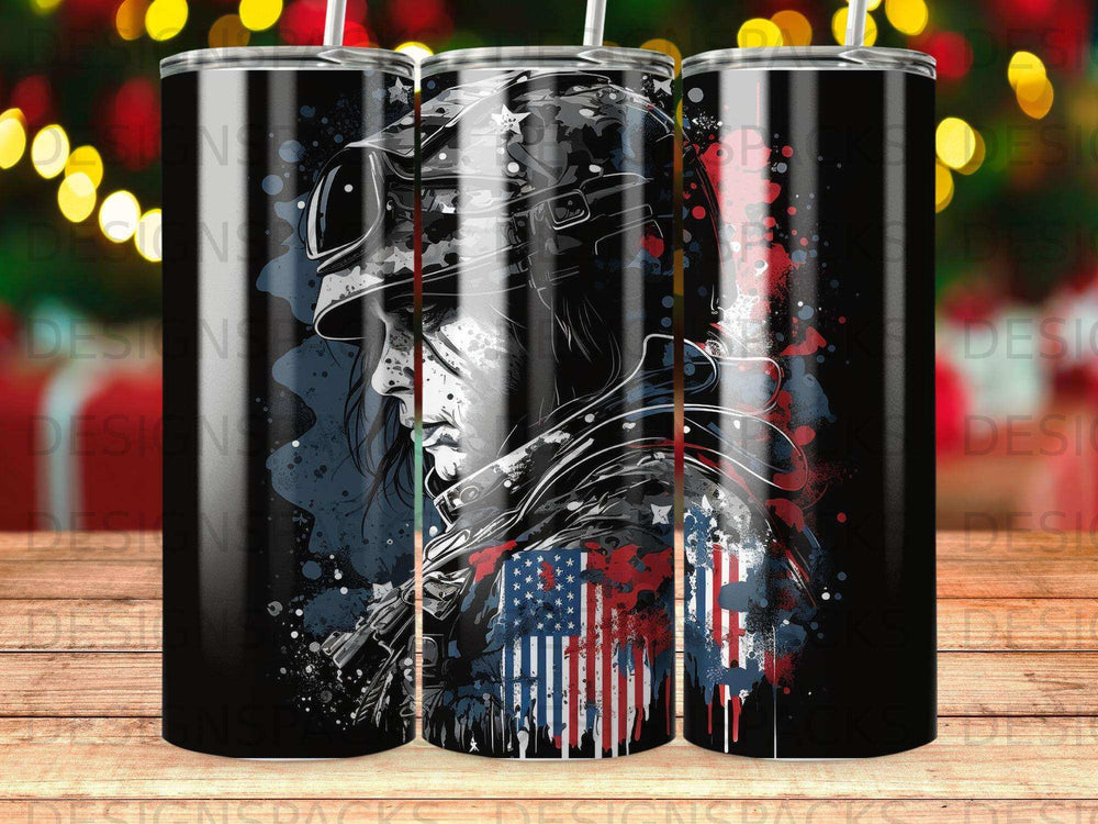 Patriotic soldier graphic with American flag details on a black tumbler.