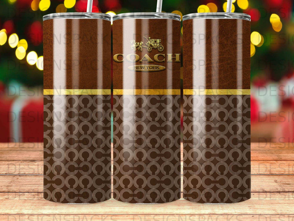 Coach logo tumbler with repeating brown and gold pattern.