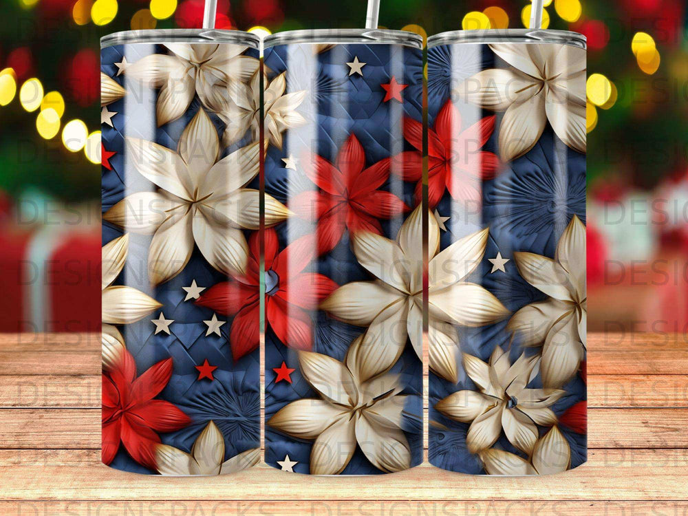 Red, white, and gold flowers on a blue, star-patterned tumbler wrap.