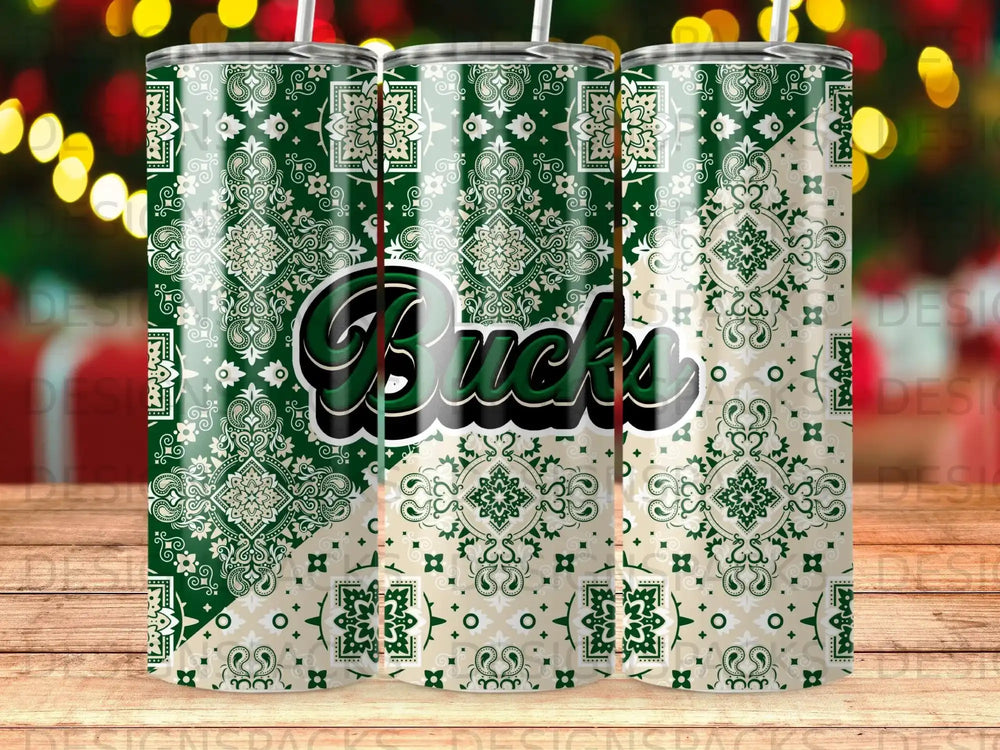 Green and white bandana pattern tumbler with "Bucks" text.