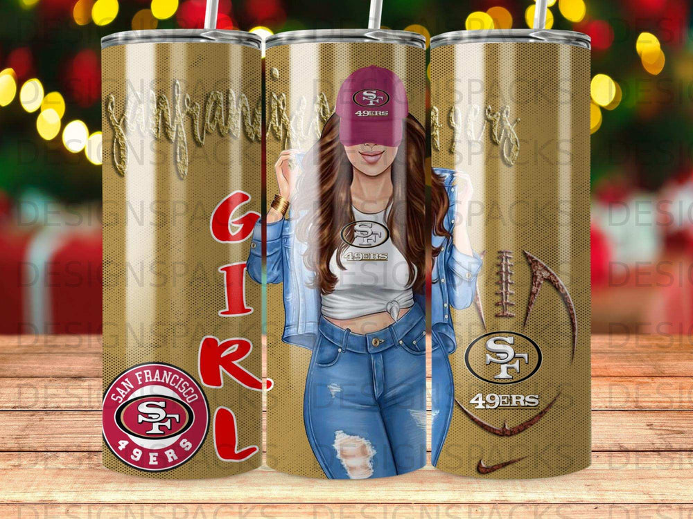 San Francisco 49ers tumbler with team logo, football graphic, and woman.