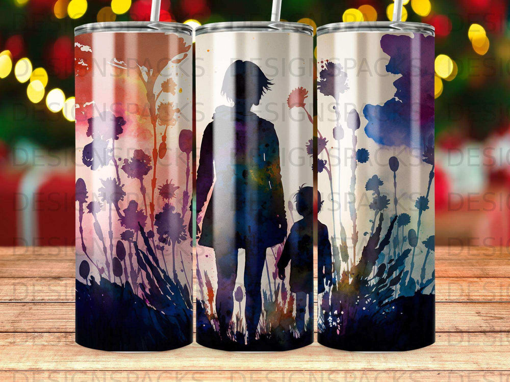 Silhouette of mother and child walking in a field of wildflowers.