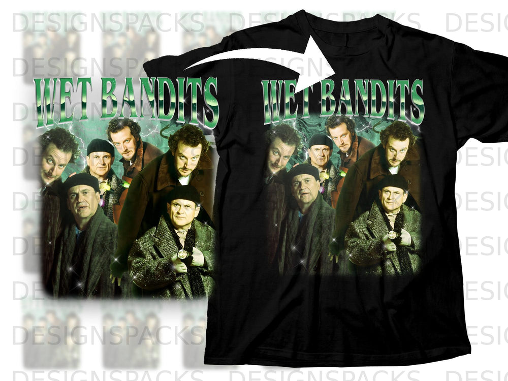 Black t-shirt featuring the "Wet Bandits" with a distressed, vintage aesthetic.