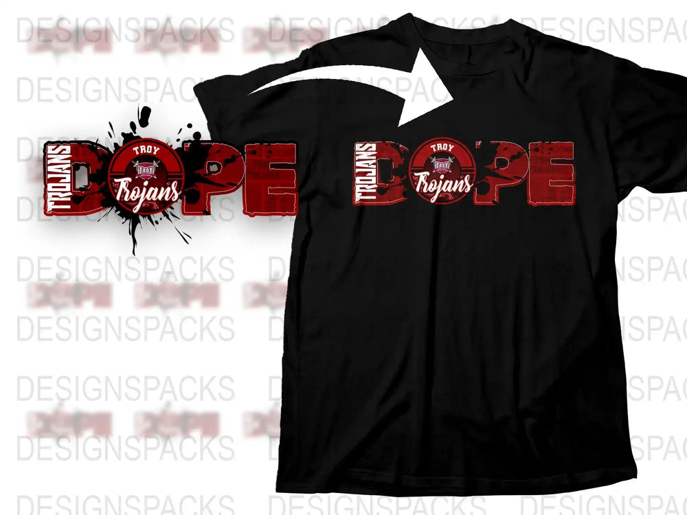 Troy Trojans T-Shirt, Red Cape Design, Athletic Team Wear, Black Cotton Tee, Sports Fan Apparel