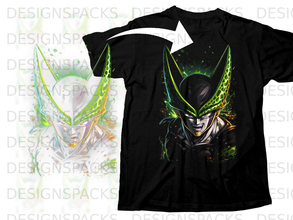 Black t-shirt featuring a dramatic anime character illustration with green accents and energy effects.