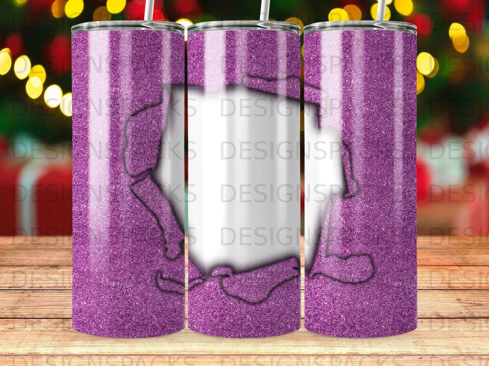 Purple glitter tumbler with a white outline of a skier.