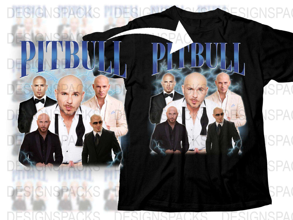 Pitbull Graphic T-Shirt, Multiple Poses Hip Hop Artist Tee, Music Fan Apparel Gift, Black Shirt with Celebrity Images