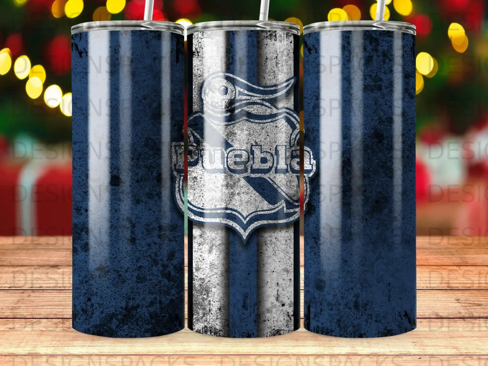 Blue and white striped tumbler with the Puebla FC logo.