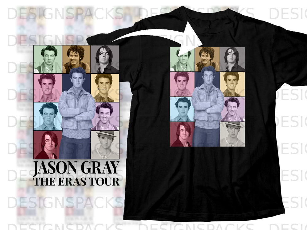 Black t-shirt featuring a collage of Jason Gray portraits and "The Eras Tour" text.