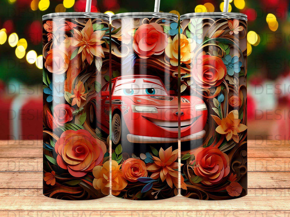 Red Lightning McQueen car surrounded by colorful flowers and leaves.