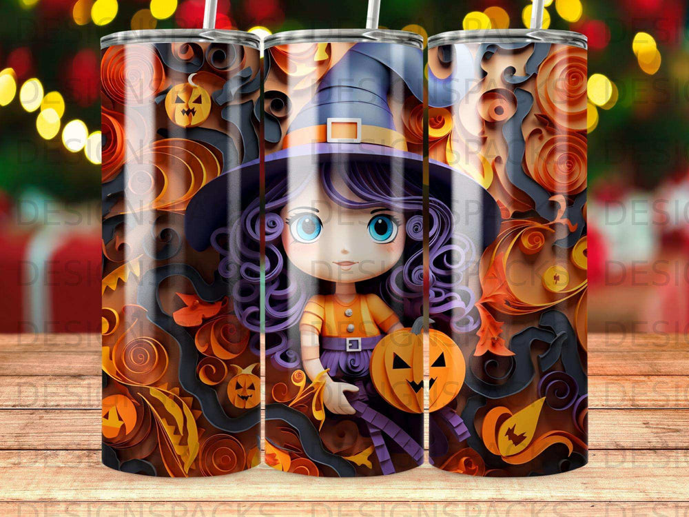 Witch with pumpkin in colorful Halloween paper-cut background.