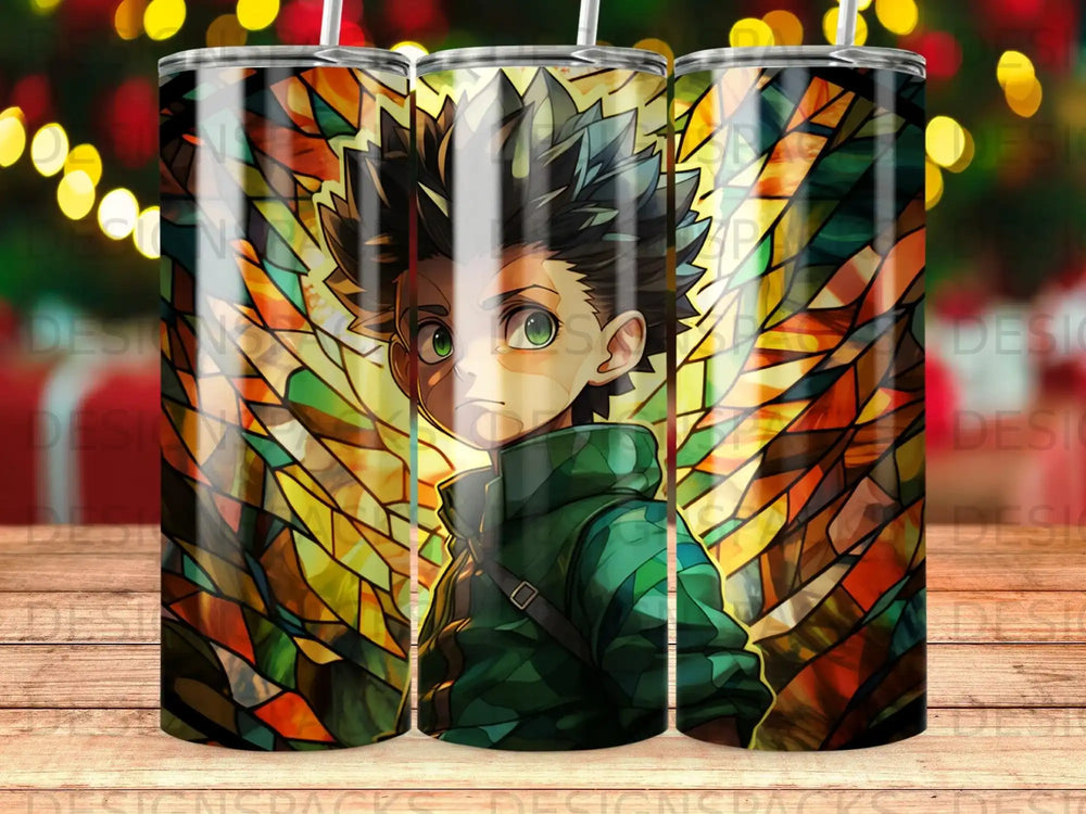Anime character with green eyes and spiky hair, in a dark green jacket.